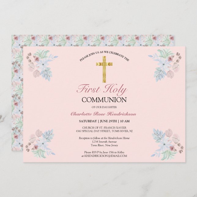 Elegant Blush Pink Floral First Holy Communion Einladung (Vorne/Hinten)