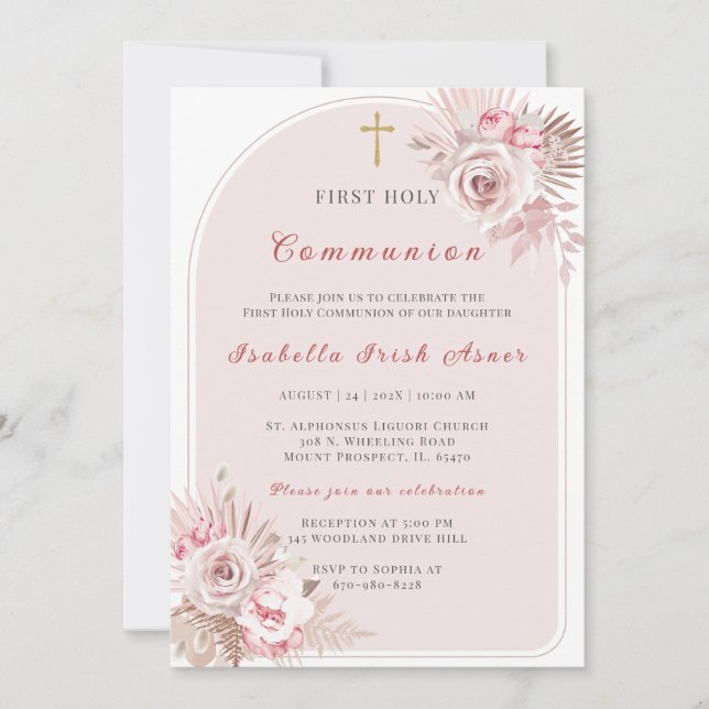 Elegant Blush Pink Floral First Holy Communion Einladung (Vorderseite)