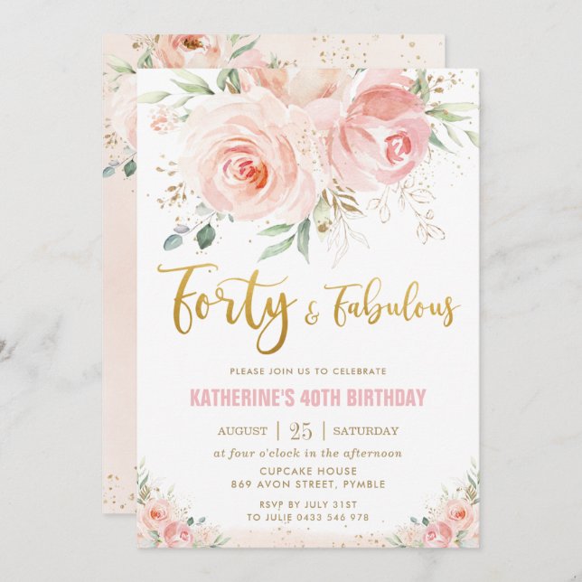 Elegant Blush Pink Floral Gold 40 und fabelhaft Einladung (Vorne/Hinten)