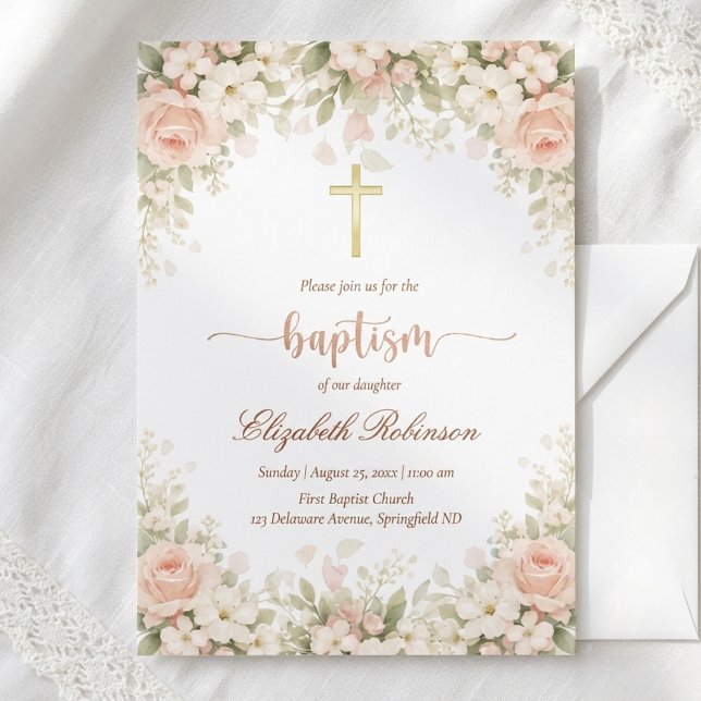 Elegant Blush Pink Floral Gold Cross Baptism Einladung (Von Creator hochgeladen)