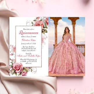 Elegant Blush Pink Floral Quinceañera Einladung