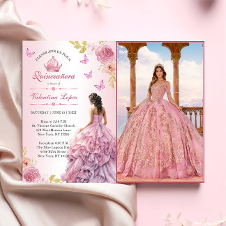 Elegant Blush Pink Floral Quinceañera Einladung
