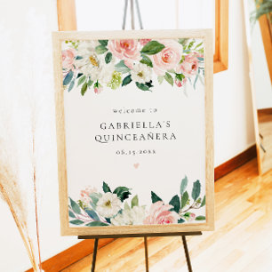 Elegant Blush Pink Floral Quinceañera Willkommen Poster