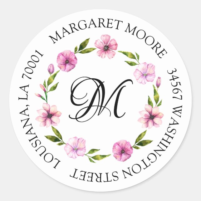 Elegant Blush Pink, Floral Script Monogram-Adresse Runder Aufkleber (Vorderseite)