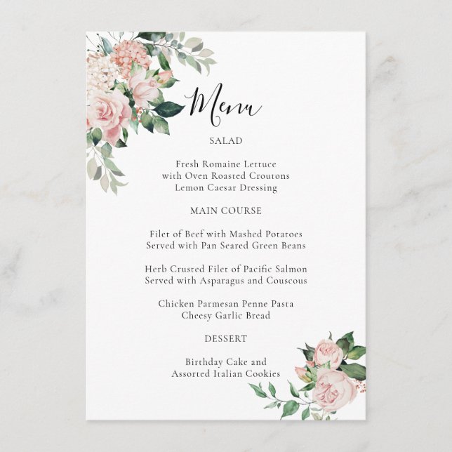 Elegant Blush Pink Floral Special Occasion Menu Menükarte (Vorderseite)