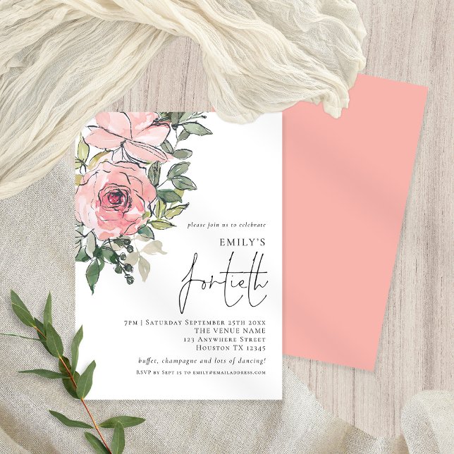 Elegant Blush Pink Florals Fortieth Birthday Party Einladung (Von Creator hochgeladen)