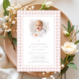 Elegant Blush Pink Gingham Photo Girl Baptism Einladung
