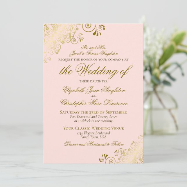 Elegant Blush Pink & Gold Classic Formal Wedding Einladung (Stehend Vorderseite)