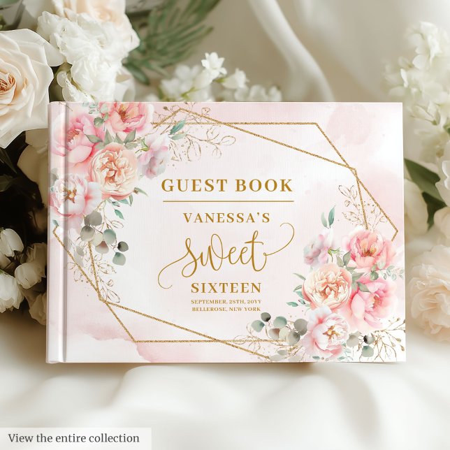 Elegant Blush Pink Gold Floral Sweet 16 Gästebuch (Elegant Blush Pink Gold Floral Sweet 16 Guest Book)