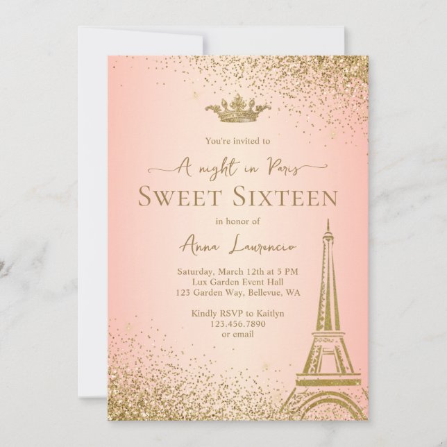 Elegant Blush Pink Gold Paris Night Theme Sweet 16 Einladung (Vorderseite)