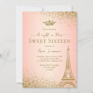 Elegant Blush Pink Gold Paris Night Theme Sweet 16 Einladung