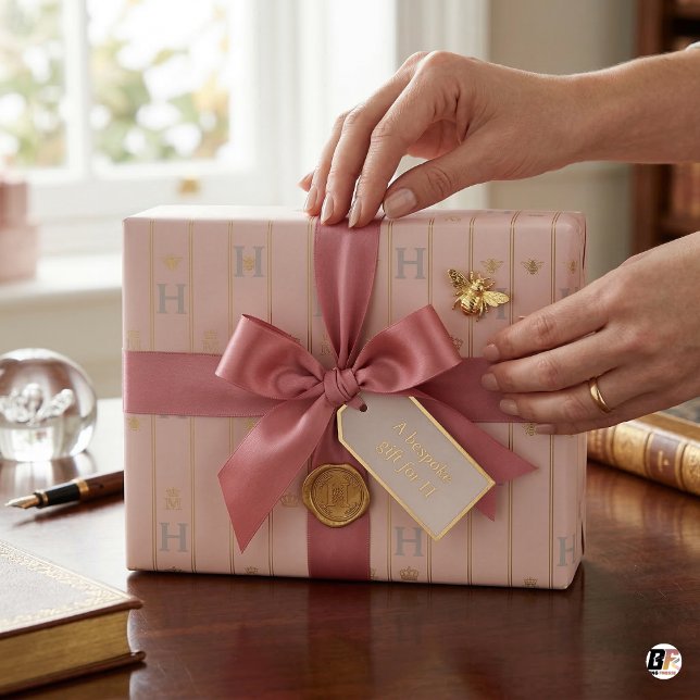 Elegant Blush Pink & Gold Pinstripe Initial H Mono Geschenkpapier (Von Creator hochgeladen)