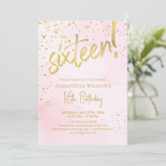 Elegant Blush Pink & Gold Sixteen Birthday Einladung
