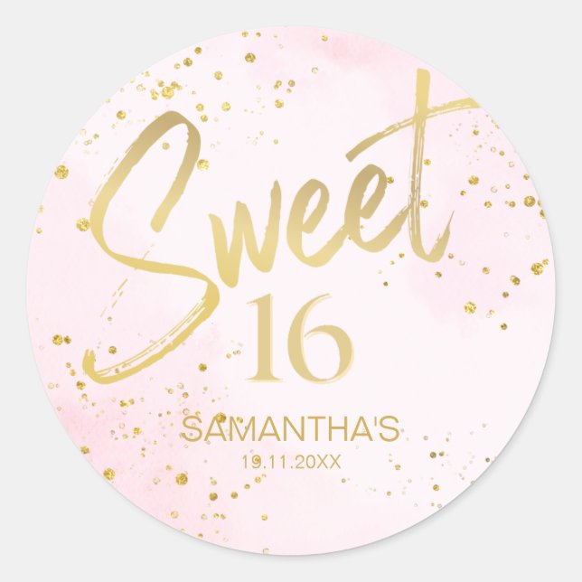 Elegant Blush Pink & Gold Sweet 16 Birthday Runder Aufkleber (Vorderseite)