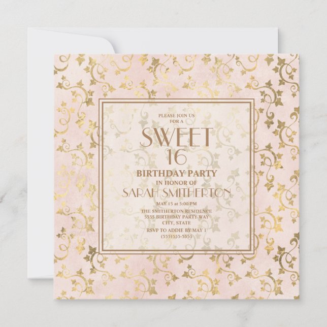 Elegant Blush Pink Gold Sweet 16 Einladung (Vorderseite)