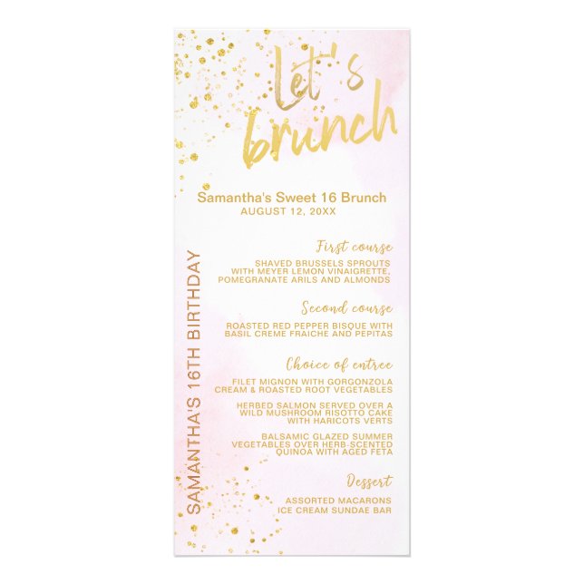 Elegant Blush Pink & Gold Sweet 16 Menu  Werbekarte (Vorne)