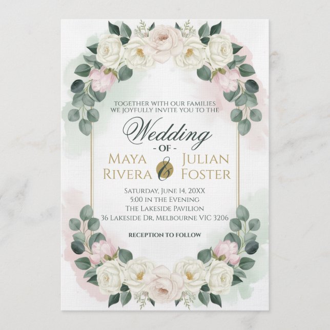 Elegant Blush Pink & Green Floral Wedding Invitati Einladung (Vorderseite)