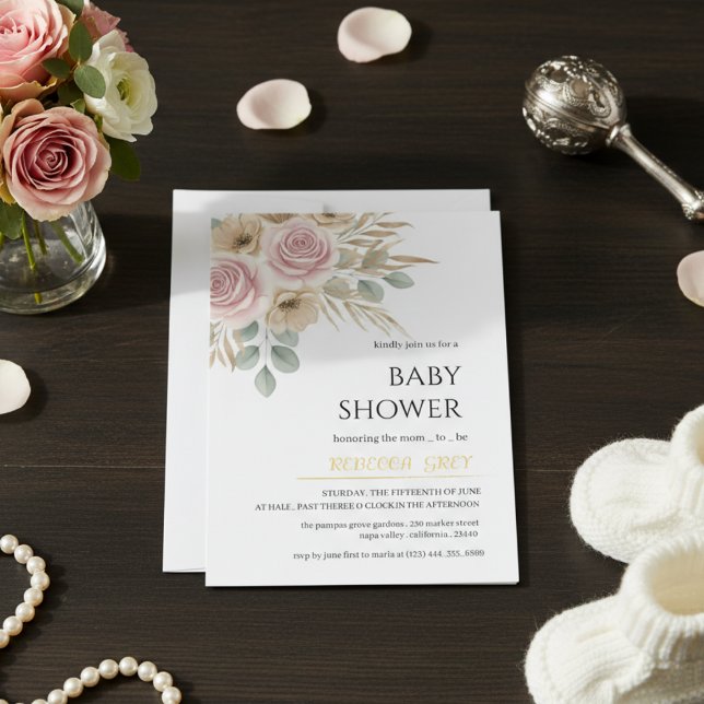 Elegant Blush Pink & Neutral Floral Baby Shower  Einladung (Von Creator hochgeladen)