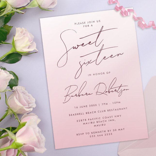 Elegant Blush Pink Ombre Script 16 . Geburtstag Einladung (Blush pink invitation with title "sweet sixteen" in modern script)