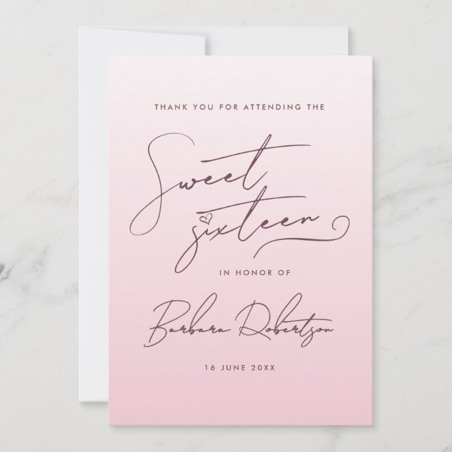 Elegant Blush Pink Ombre Script Sweet Sixteen  Dankeskarte (Vorderseite)