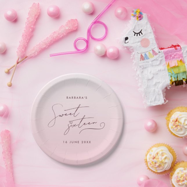 Elegant Blush Pink Ombre Script Sweet Sixteen Pappteller (Party)