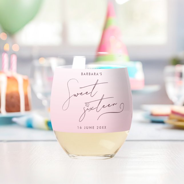 Elegant Blush Pink Ombre Script Sweet Sixteen Weinglas Ohne Stiel (Insitu (Geburtstag))