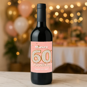 Elegant Blush Pink Pearly Gold 60. Geburtstag Weinetikett