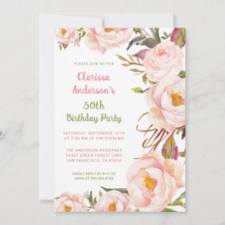 Elegant Blush Pink Peony 30. Geburtstag Einladung