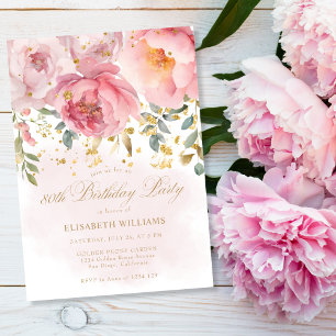 Elegant Blush Pink Peony Floral 80. Geburtstag Einladung