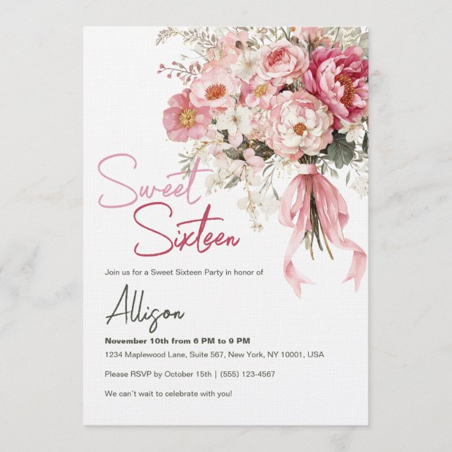 Elegant Blush Pink Peony Floral Sweet Sixteen Einladung (Vorderseite)