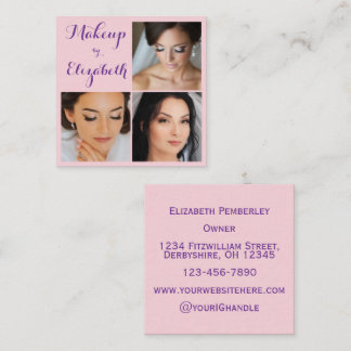 Elegant Blush Pink Purple Script 3 Photo Makeup Quadratische Visitenkarte