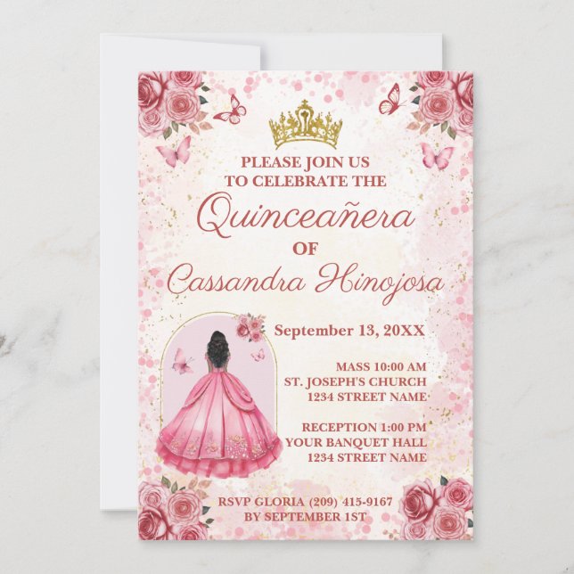 Elegant Blush Pink Quinceñera Einladung 15 Anos (Vorderseite)