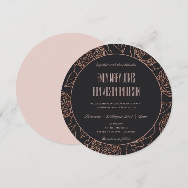 ELEGANT BLUSH PINK ROSE GOLD BLACK FLORAL WEDD EINLADUNG (Vorne/Hinten)