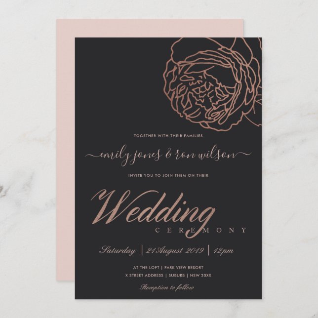 ELEGANT BLUSH PINK ROSE GOLD BLACK FLORAL WEDD EINLADUNG (Vorne/Hinten)