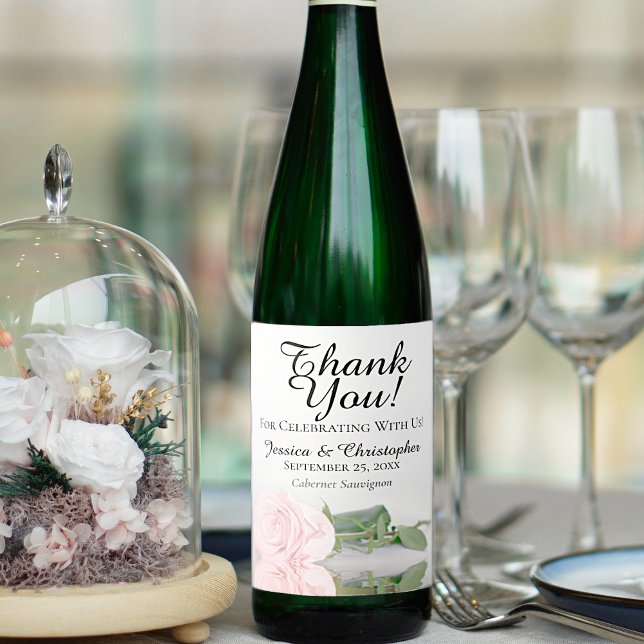 Elegant Blush Pink Rose Wedding Vielen Dank Weinetikett (Von Creator hochgeladen)