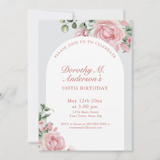 Elegant Blush Pink Roses 100. Geburtstagsparty Einladung