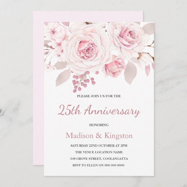 Elegant Blush Pink Roses 25. Hochzeitstag Einladung (Vorne/Hinten)