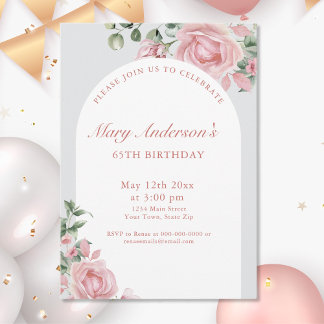 Elegant Blush Pink Roses 65. Geburtstagsparty Einladung