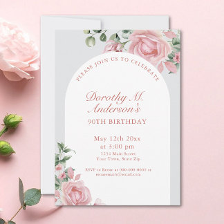 Elegant Blush Pink Roses 90. Geburtstagsparty Einladung