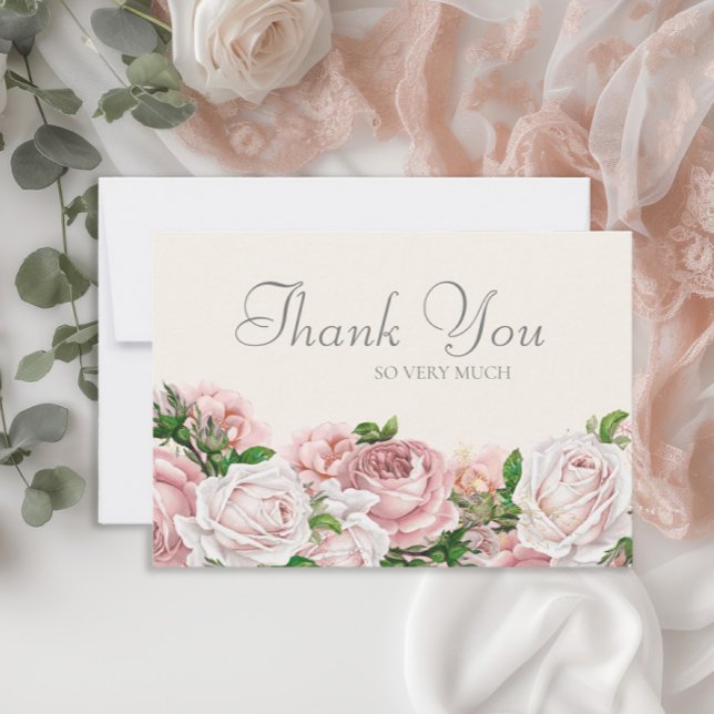 Elegant Blush Pink Roses Cream Wedding Vielen Dank Dankeskarte (Elegant pink vintage roses wedding Thank You card)