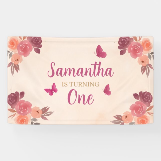 Elegant Blush Pink  Watercolor Floral 1st Birthday Banner (Horizontal)