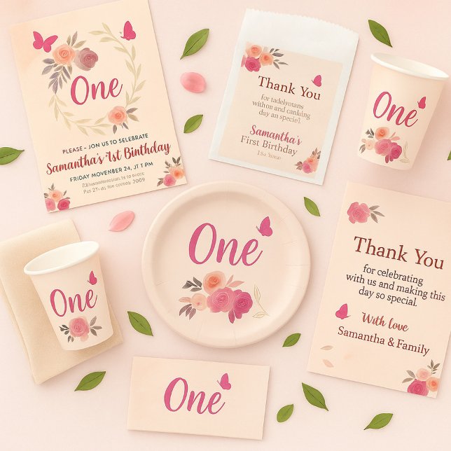 Elegant Blush Pink Watercolor Floral 1st Birthday  Einladung (Blush Garden Watercolor First Birthday Collection)