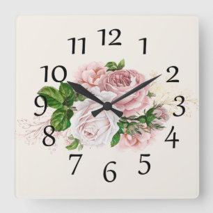 Elegant Blush Pink Watercolor Floral Cream Quadratische Wanduhr