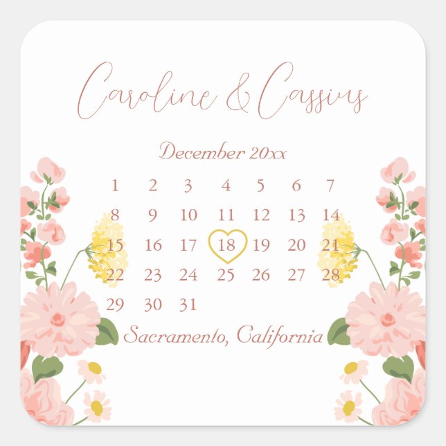 Elegant Blush Pink Wild Flower Wedding Calendar  Quadratischer Aufkleber (Vorderseite)