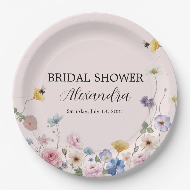Elegant Blush Pink Wildflower Bridal Shower Pappteller (Vorderseite)
