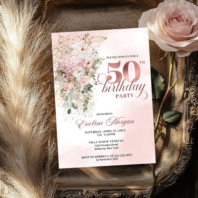 Elegant Blush Rose Gold Eucalyptus 50th Birthday  Einladung (Elegant Blush Rose Gold Eucalyptus 50th Birthday Invite)
