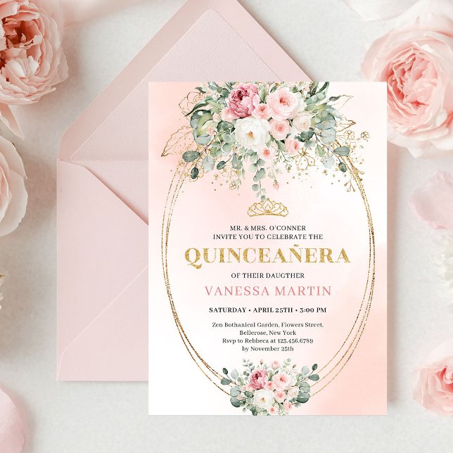 Elegant Blush Roses Boho Quinceañera Gold Invitati Einladung (Elegant Blush Roses Boho Quinceañera Gold Invitation)