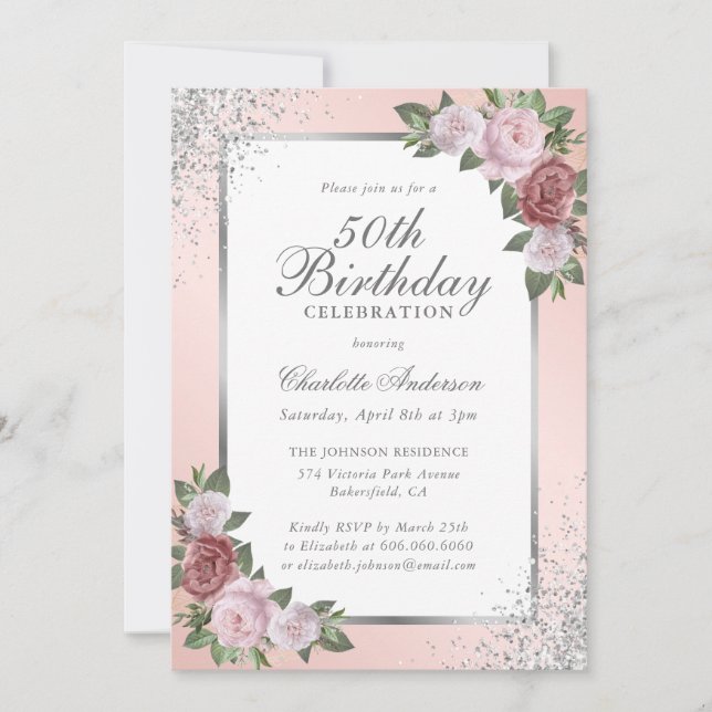 Elegant Blush Silver Confetti Floral 50. Geburtsta Einladung (Vorderseite)