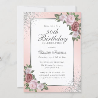 Elegant Blush Silver Confetti Floral 50. Geburtsta Einladung