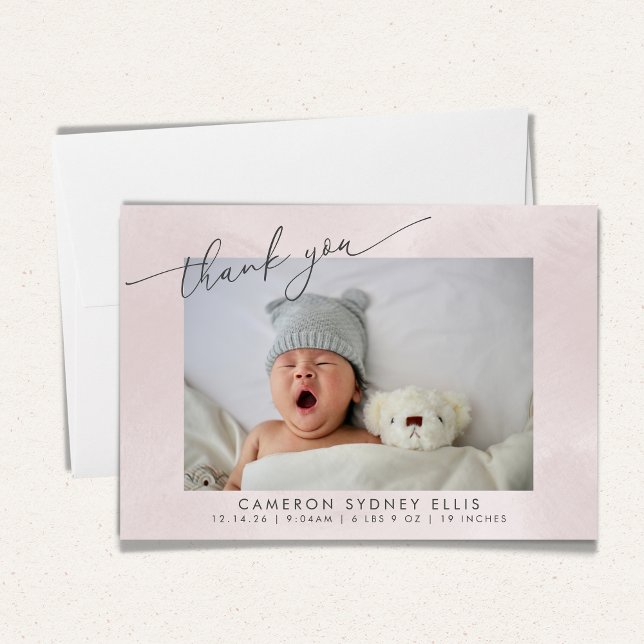 Elegant Blush Texture Script Baby Birth Two Foto Dankeskarte (Von Creator hochgeladen)